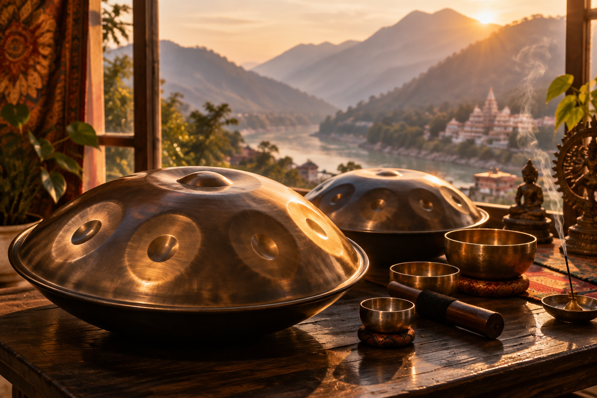 Handpan instruments on a wooden table at golden hour overlooking the river valley in Rishikesh