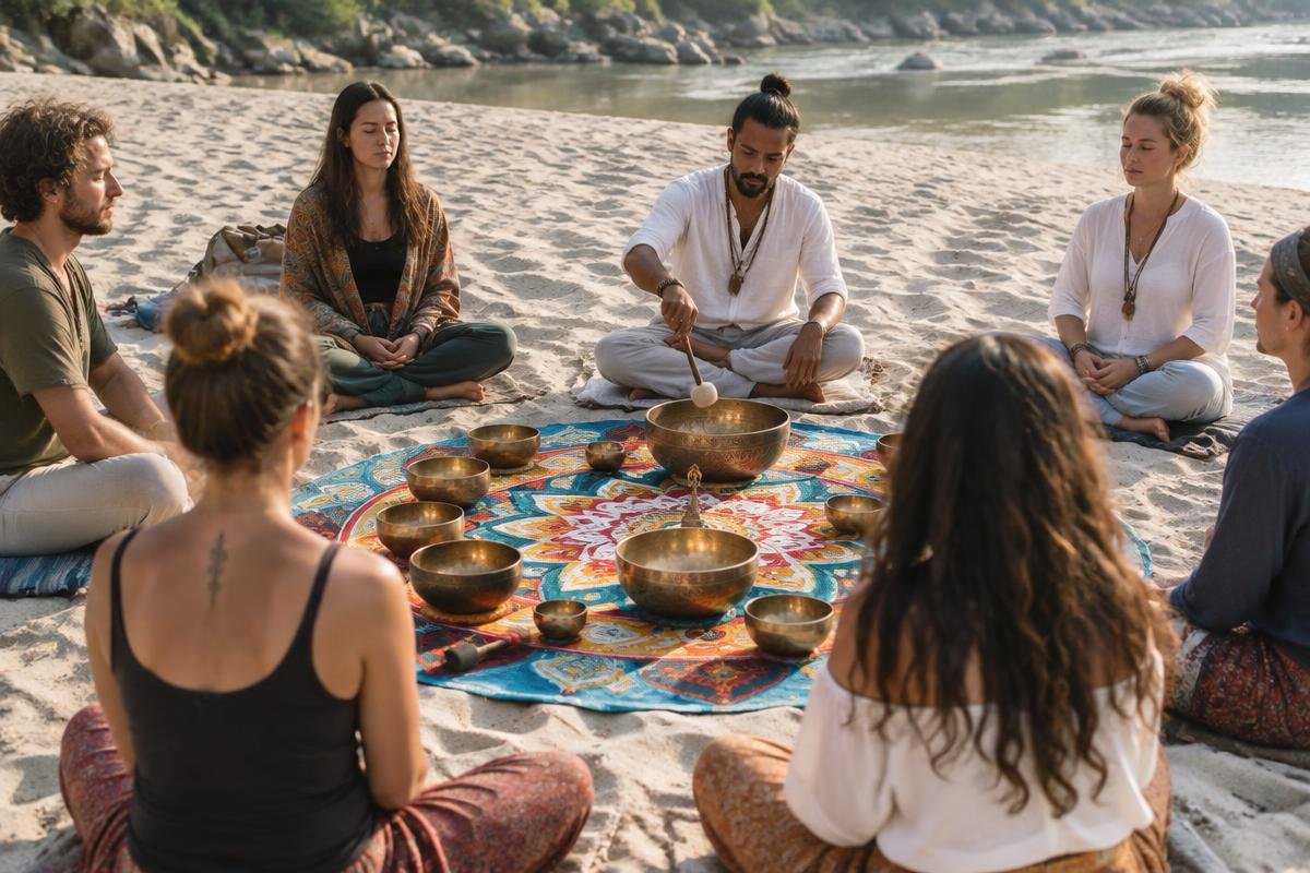 Group sound circle with singing bowls beside the river