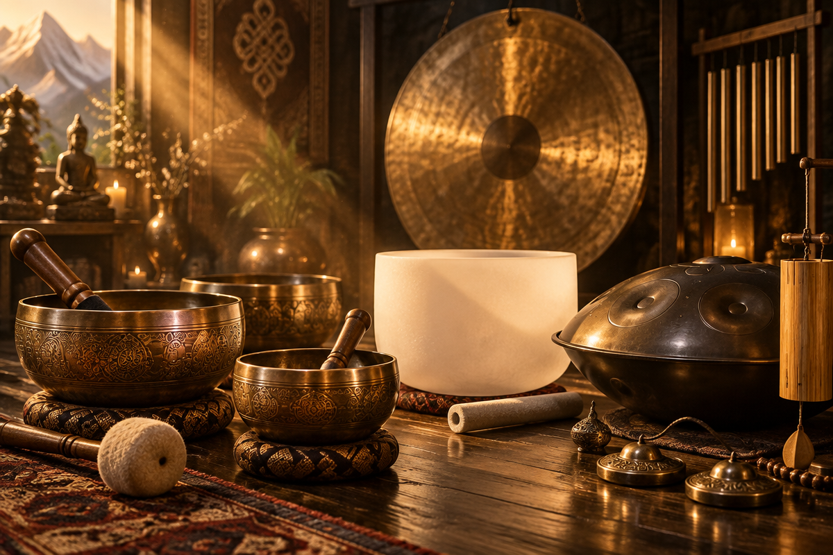 Tibetan singing bowls, crystal bowls, gong, chimes and a handpan arranged on wood