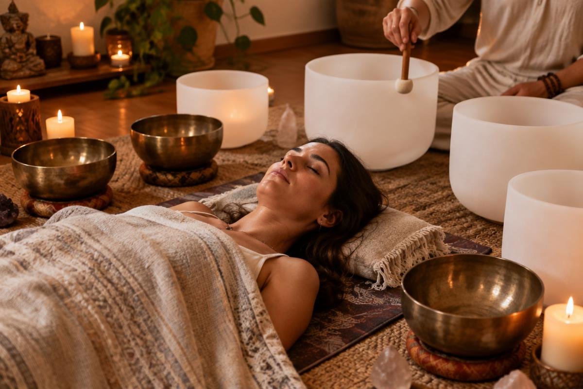 Sound healing session with crystal and Tibetan singing bowls